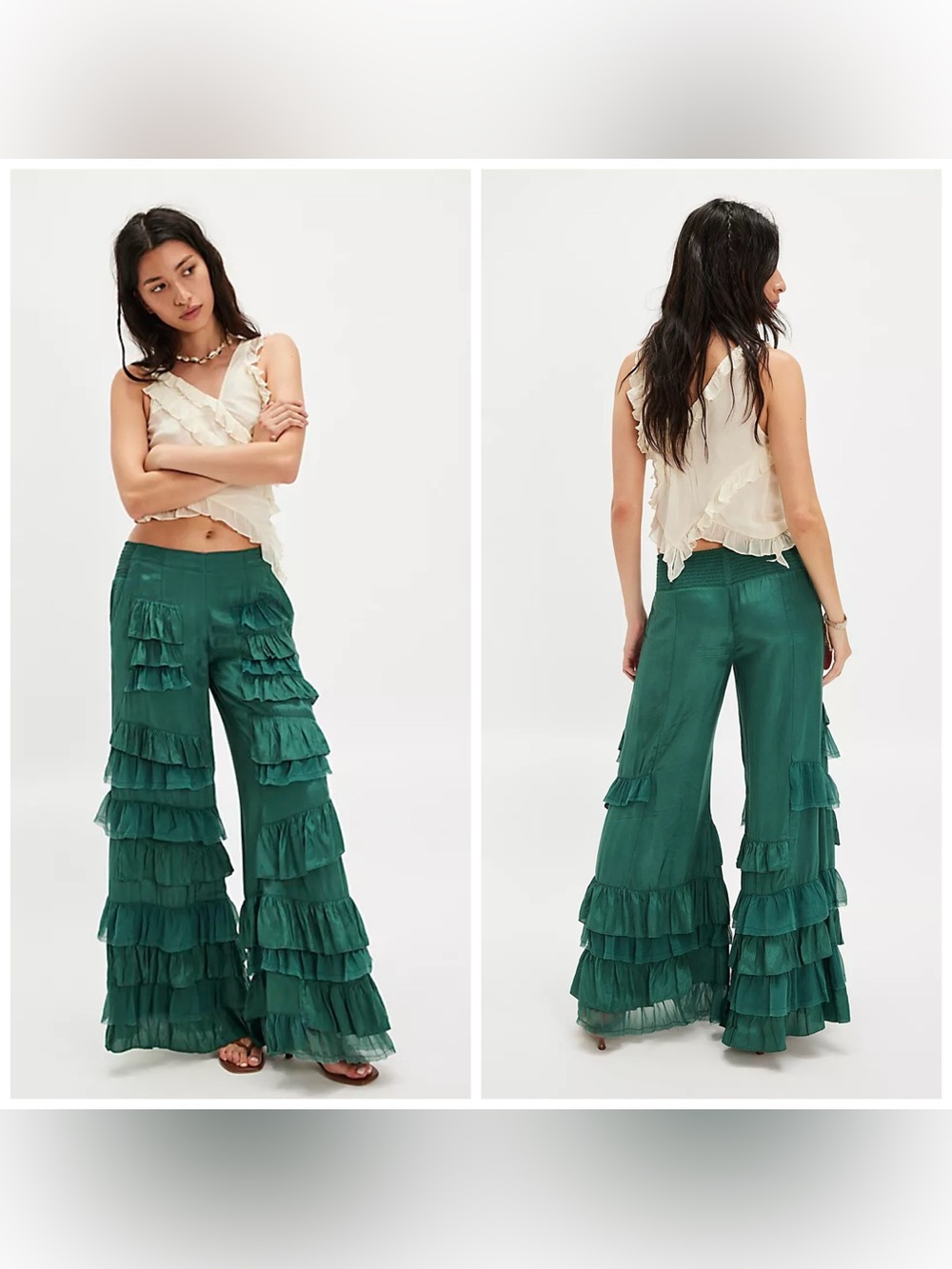Free People Rock & Frill Trousers Green Medium Ruffle Tiered